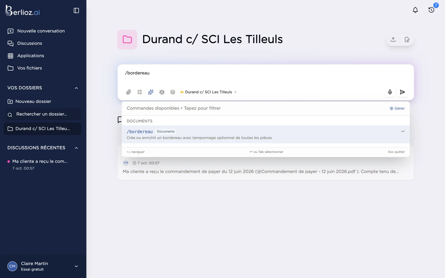 Lancement de la commande /bordereau