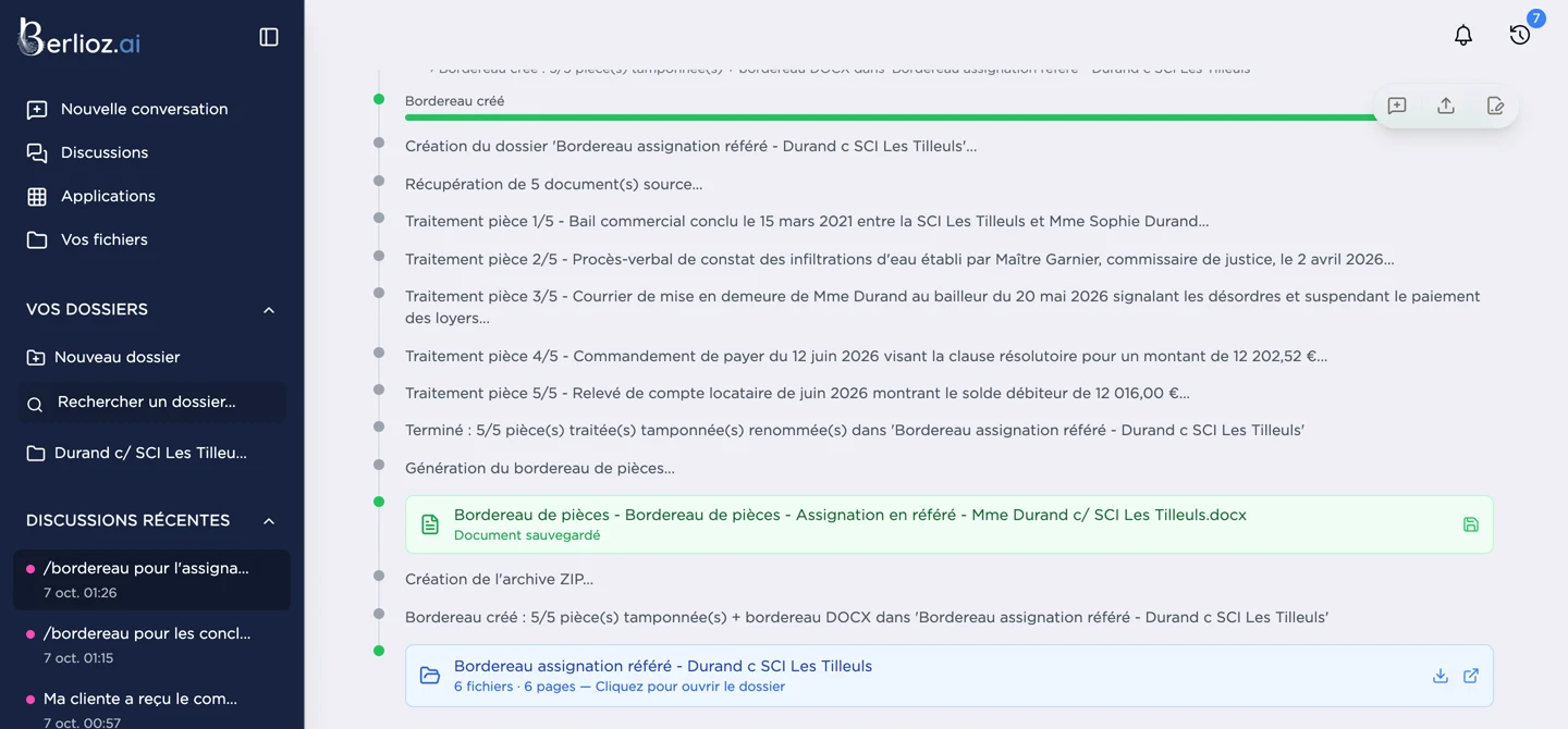 Bordereau généré : pièces tamponnées, document Word et archive