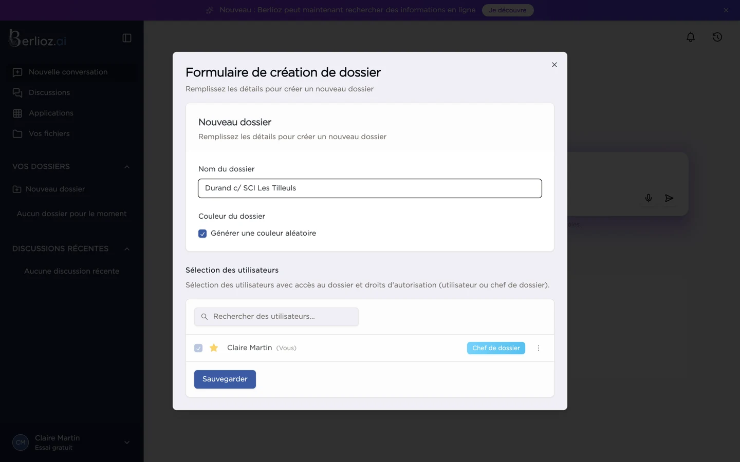 Formulaire de création d'un dossier